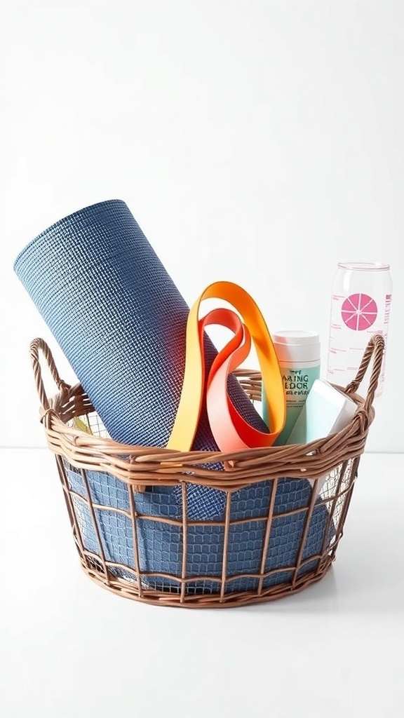 A self-care basket featuring a blue yoga mat, colorful resistance bands, a water bottle, and other fitness tools.