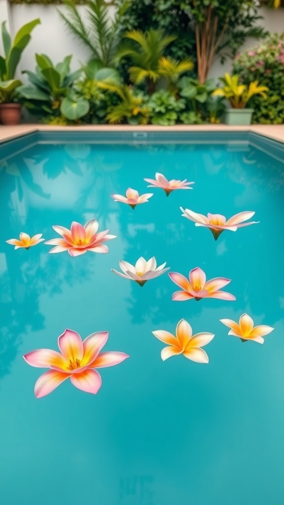 Colorful flowers floating on a pool's surface surrounded by greenery.