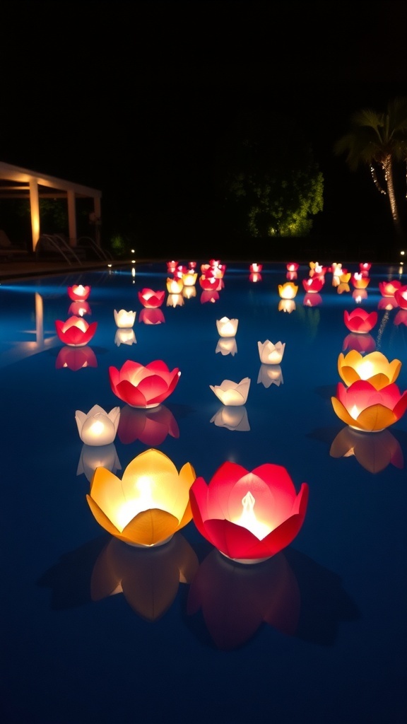 Colorful floating flower lanterns in a pool at night