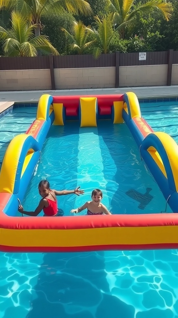 Two kids on a colorful floating obstacle course in a pool