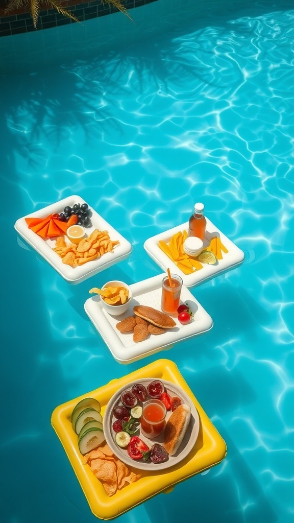 Floating snack trays in a pool with fruits, chips, and drinks