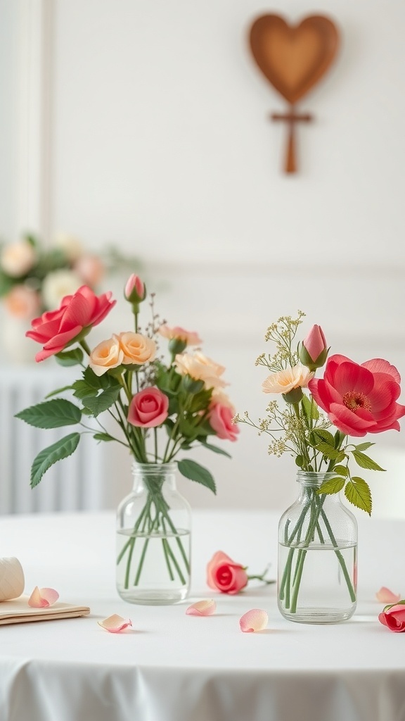 A table decorated with floral arrangements in glass vases, featuring pink and peach roses, with rose petals scattered around.