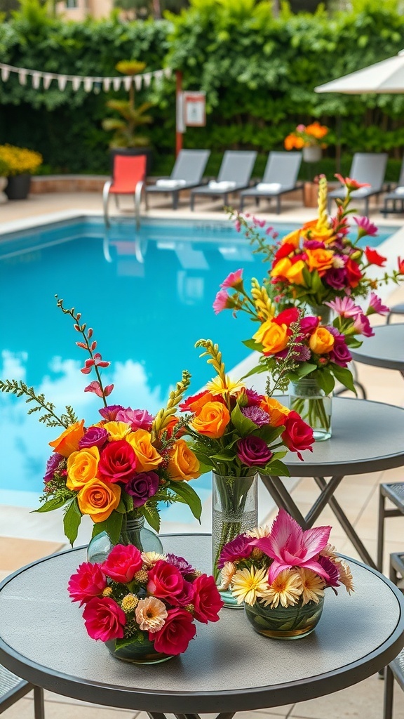 Colorful floral arrangements by a poolside