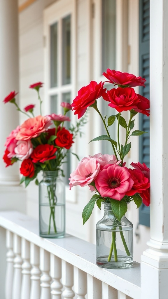 Floral arrangements in vintage vases on a front porch