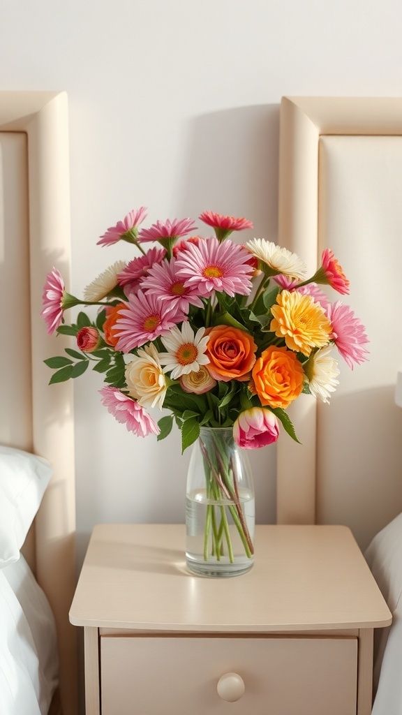 A colorful floral arrangement with pink, orange, and yellow flowers in a glass vase on a bedside table.