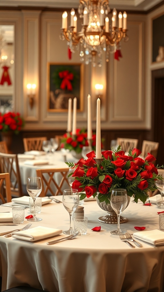 A beautifully arranged table with a centerpiece of red roses, surrounded by elegant glassware and a chandelier overhead.