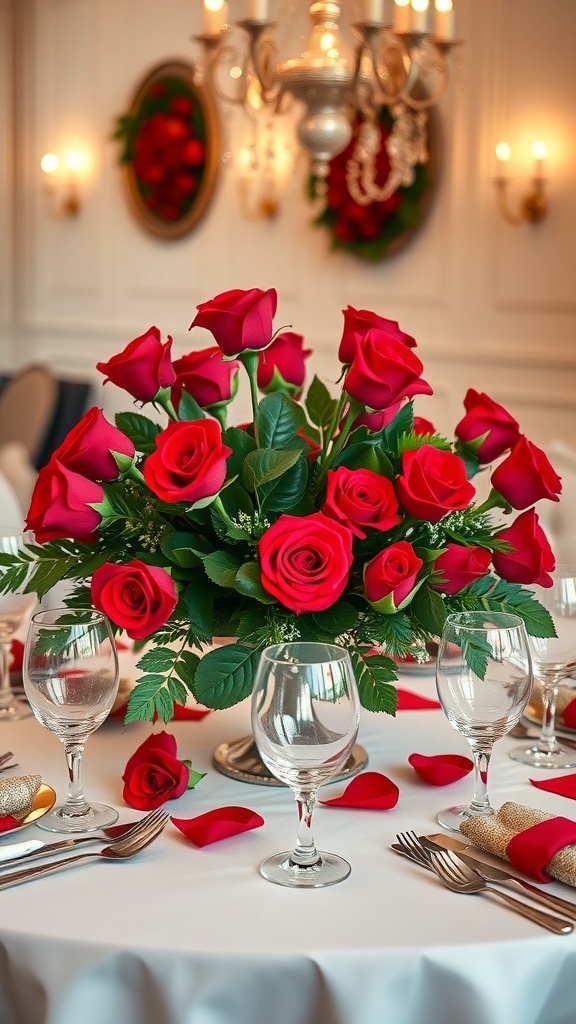 A table set with a floral centerpiece of red roses, surrounded by glassware and rose petals.