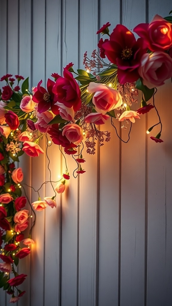 A floral garland with red and pink flowers and warm lights on a wooden wall.