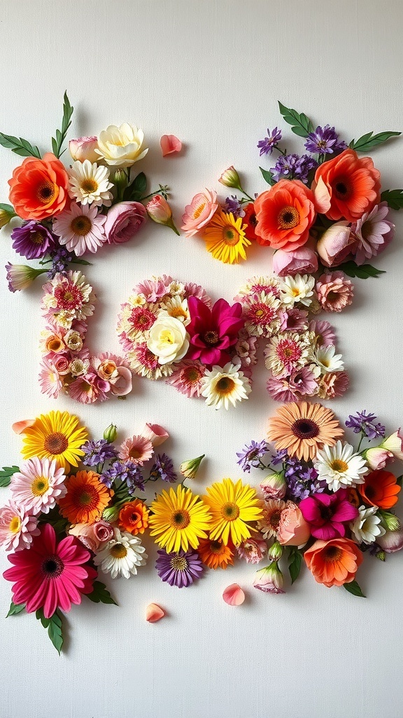 Colorful flowers arranged to spell the word 'LOVE'