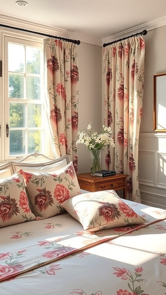 A bright bedroom featuring floral patterned curtains and bedding, creating a cheerful spring atmosphere.