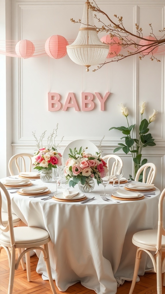 A beautifully decorated table for a baby shower featuring floral arrangements, pink lanterns, and a 'BABY' sign.