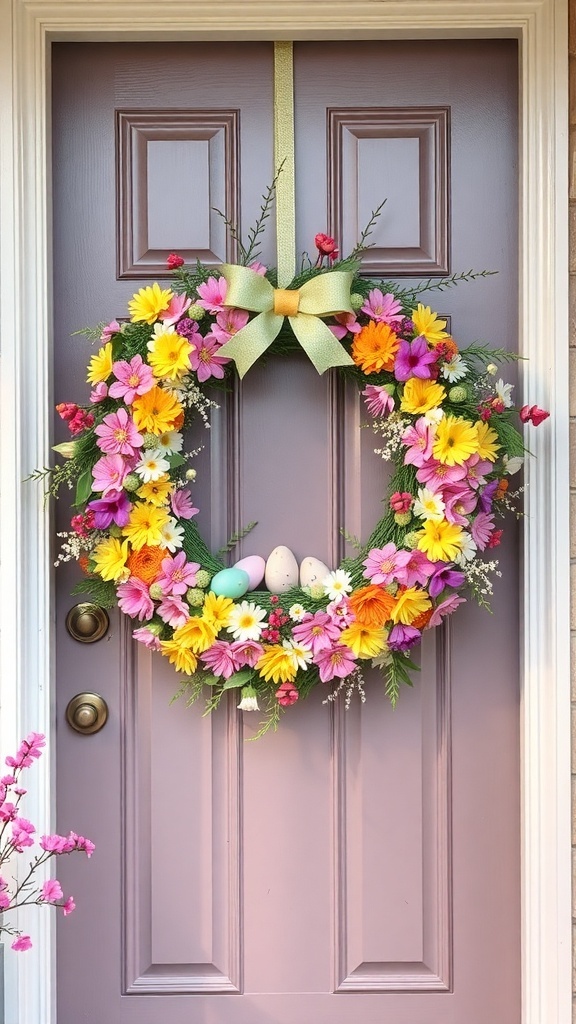 A colorful floral wreath with pink, yellow, and purple flowers, adorned with pastel eggs, hanging on a door.