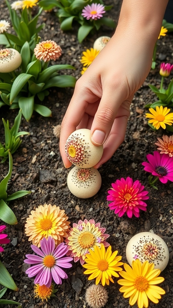 A hand holding a flower seed bomb above colorful flowers in a garden.