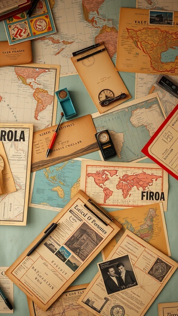 Varios mapas y documentos antiguos sobre una mesa.