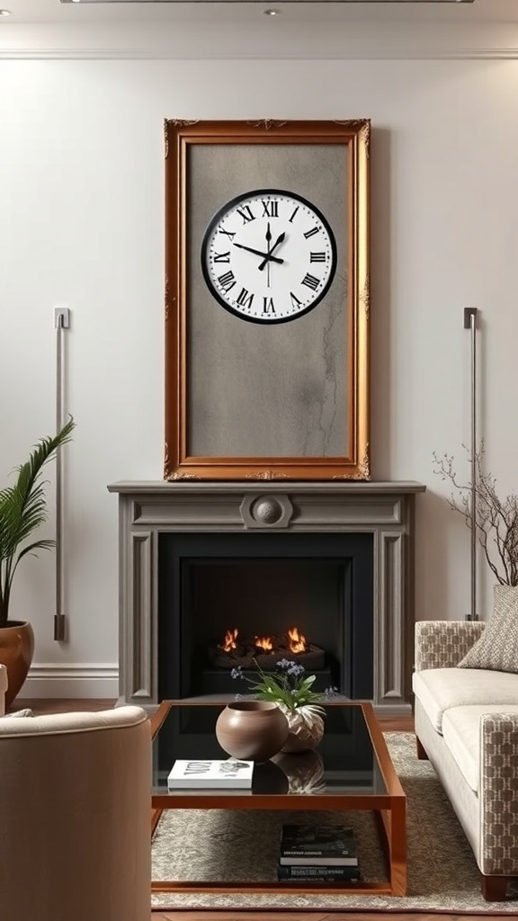 A stylish framed wall clock in a living room setting.