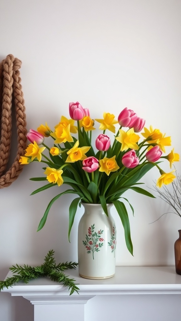 A vase filled with pink tulips and yellow daffodils on a mantle.