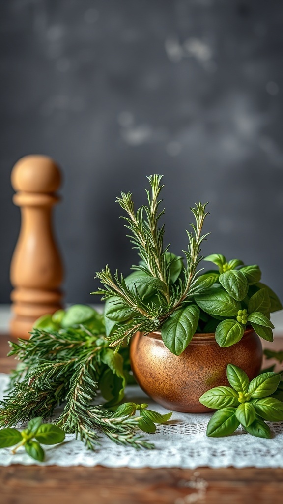 A rustic pot filled with fresh basil and rosemary, accompanied by a wooden pepper mill on a lace tablecloth.