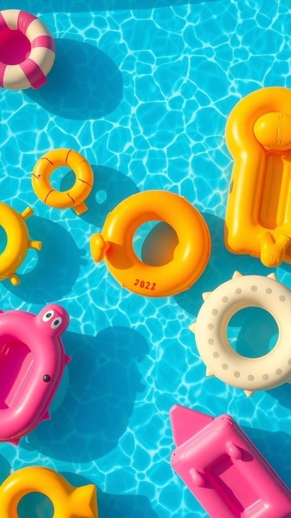 Colorful pool floats and inflatables in a swimming pool.