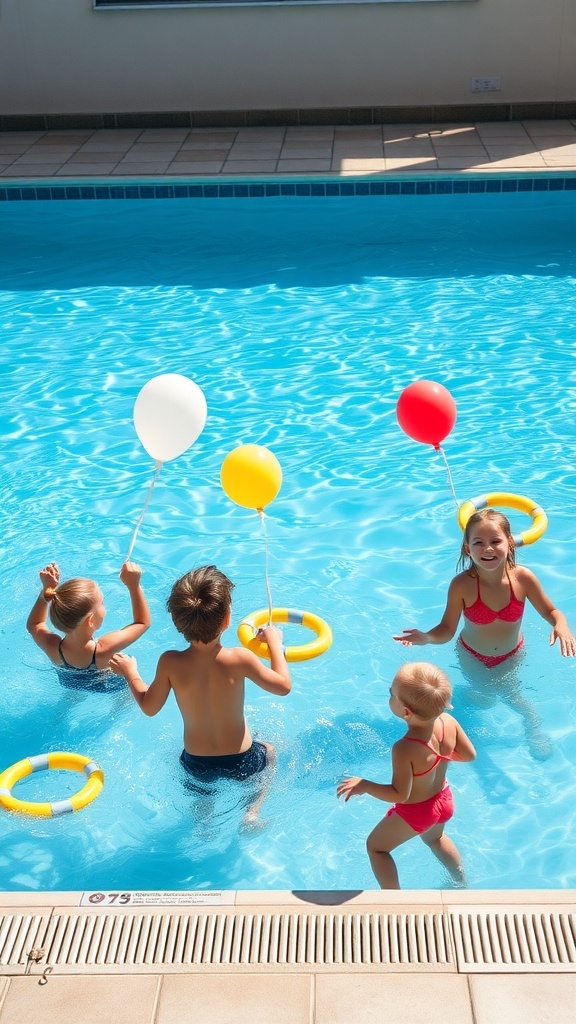 Children playing in a pool with balloons and floating rings
