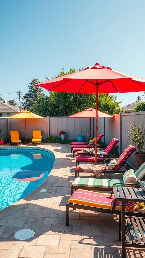 Colorful poolside furniture arrangement with loungers and umbrellas