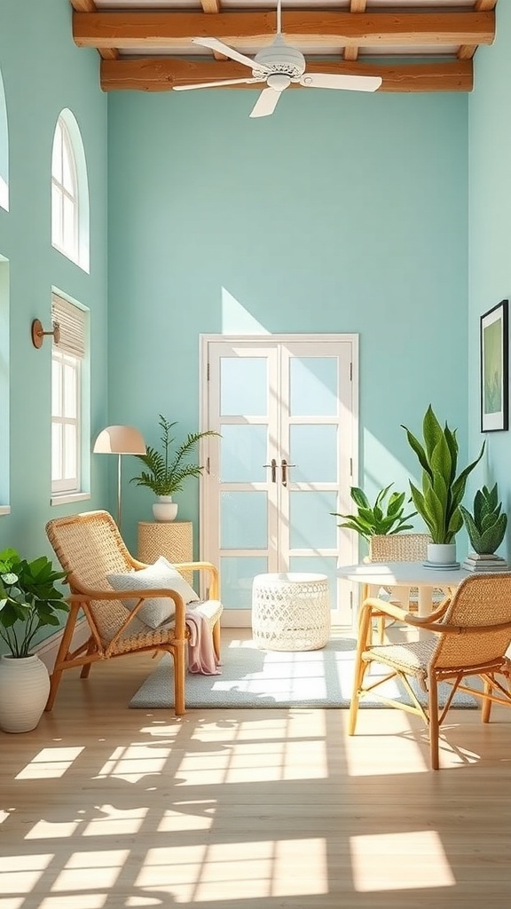 A bright summer room with rattan furniture, plants, and a ceiling fan.