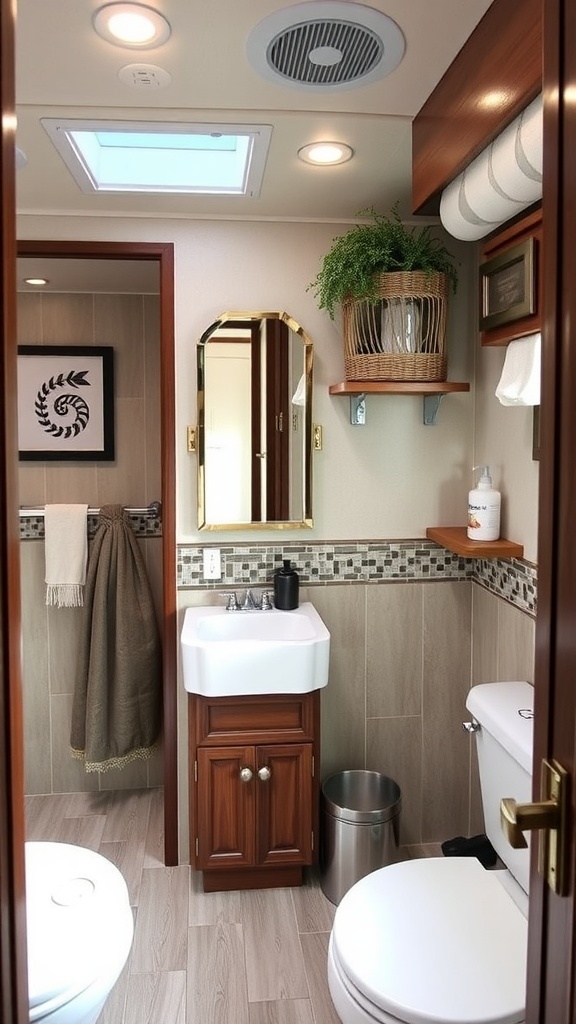 A well-decorated small RV bathroom featuring a compact sink, wooden cabinetry, a mirror, and a hanging plant.
