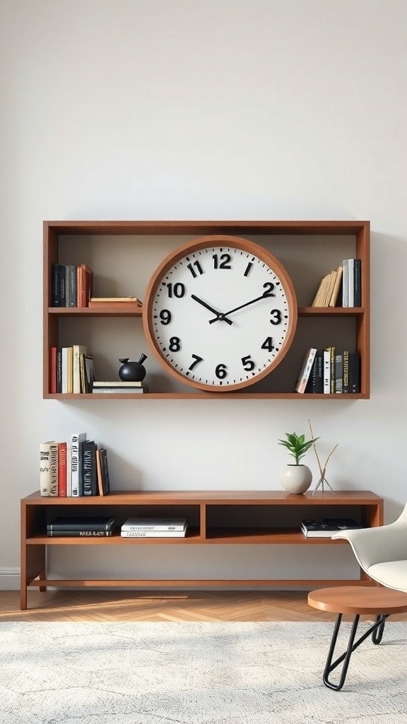 A stylish wall clock integrated into a shelf with books and decor.