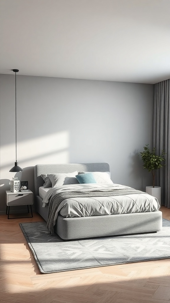A cozy grey bedroom featuring a stylish bed, nightstand, and a plant, designed for space optimization.