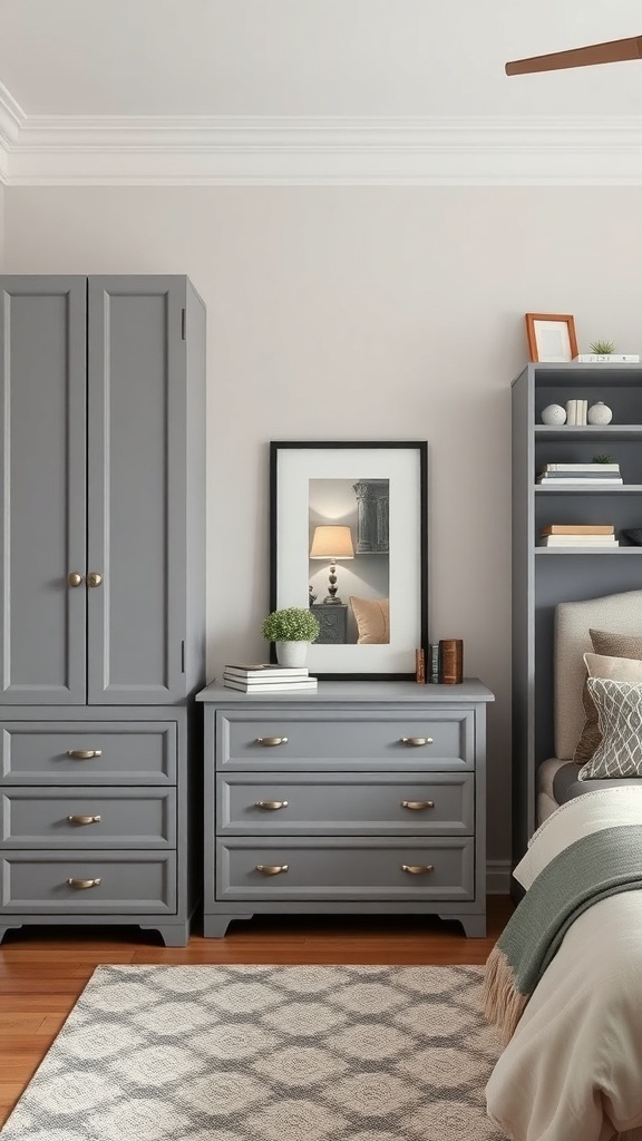 A grey and white bedroom featuring grey storage solutions including a wardrobe, dresser, and open shelving.