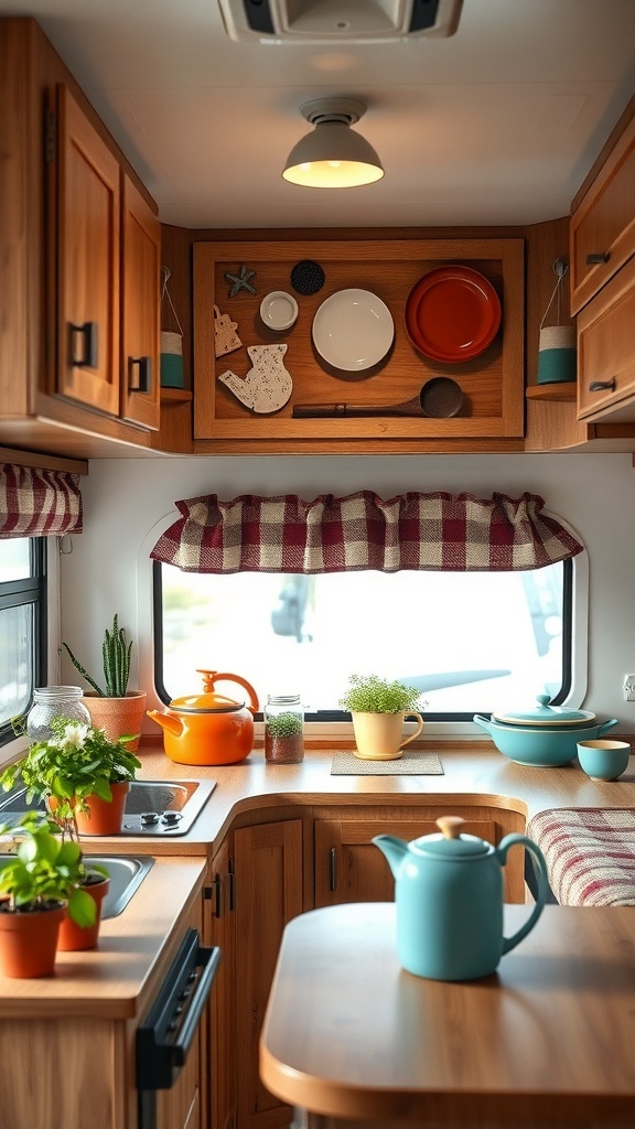 A cozy RV kitchen featuring wooden cabinets, colorful pots, and decorative wall art.