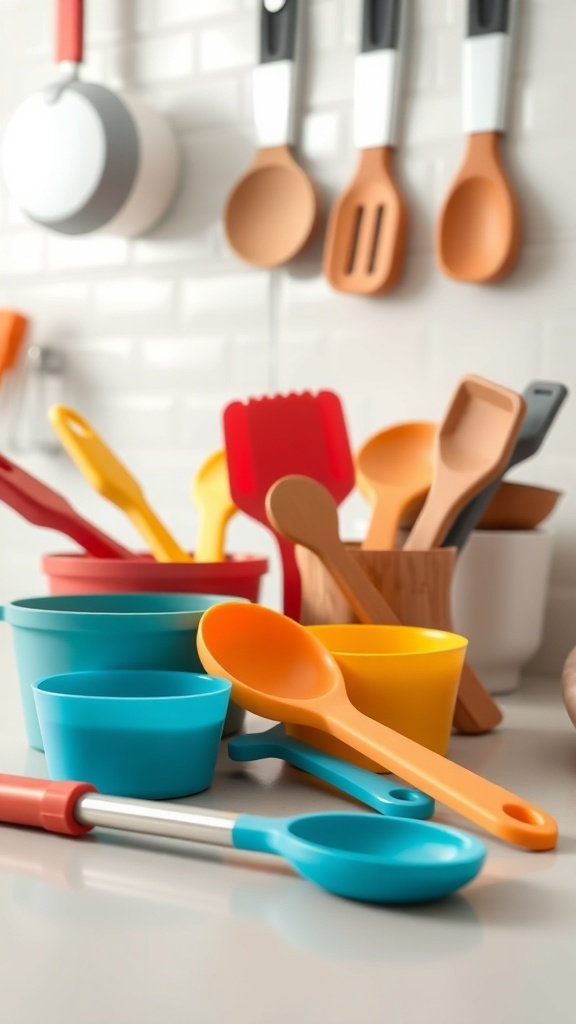 A colorful assortment of functional kitchen tools including measuring cups and spoons.