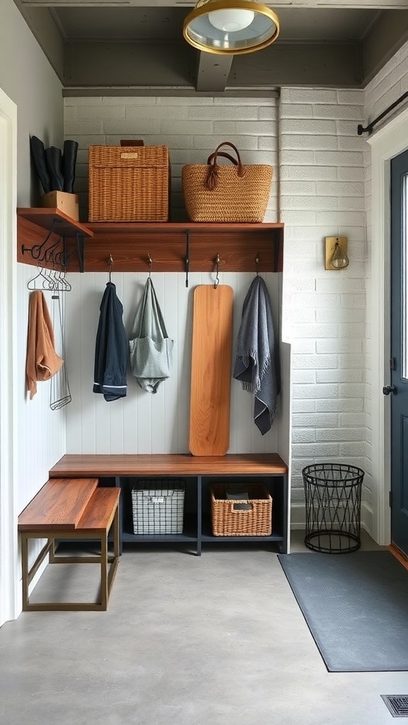 Functional mudroom with industrial design elements, featuring wooden shelves, metal accents, and organized storage.