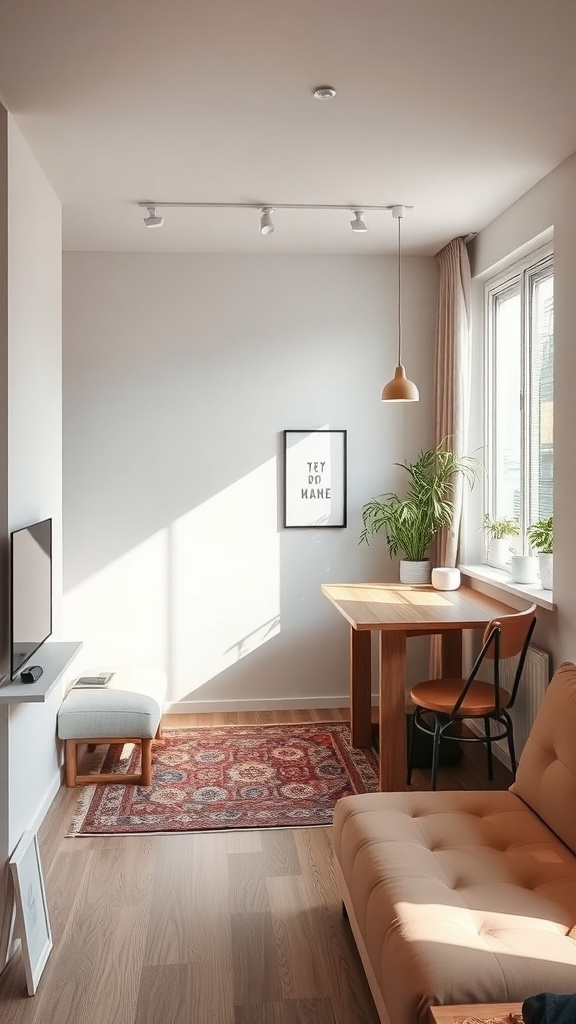 Cozy small apartment with a compact sofa, dining table, and plants, showcasing functional living.