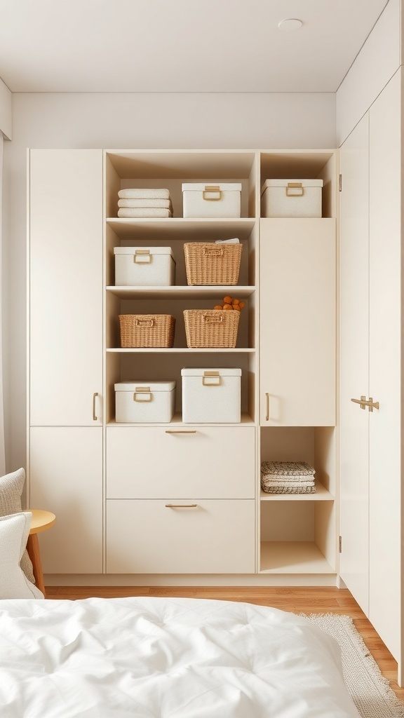 A cream and beige storage unit with open shelves and woven baskets in a bedroom setting.