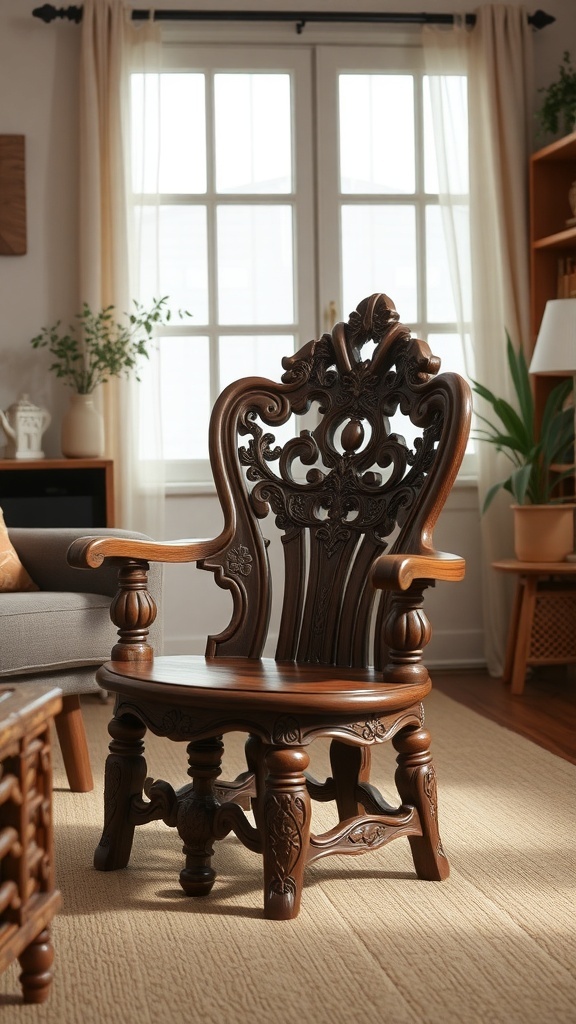 Intricately carved wooden chair in a cozy living room setting