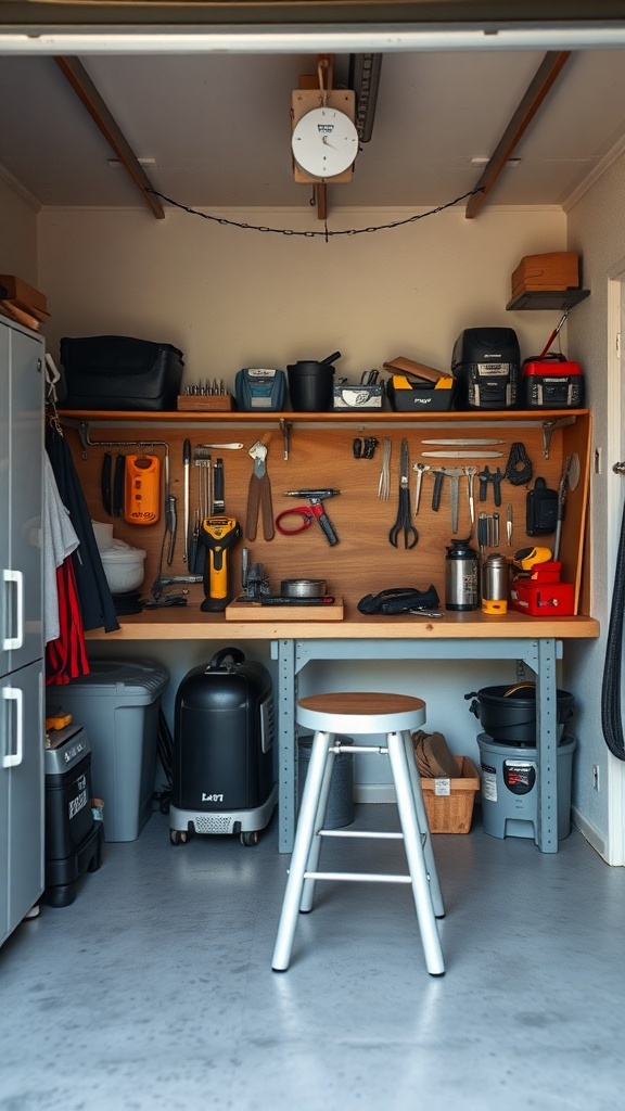 A functional workbench area in a small garage with tools organized on a wooden shelf and a stool in front.