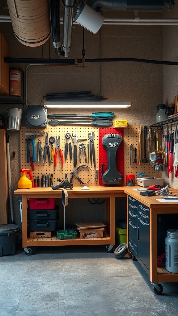 A well-organized garage workbench with tools on a pegboard and storage bins underneath.