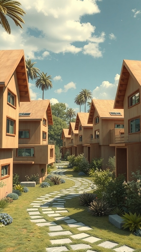 A row of modern cardboard box houses surrounded by greenery and palm trees.