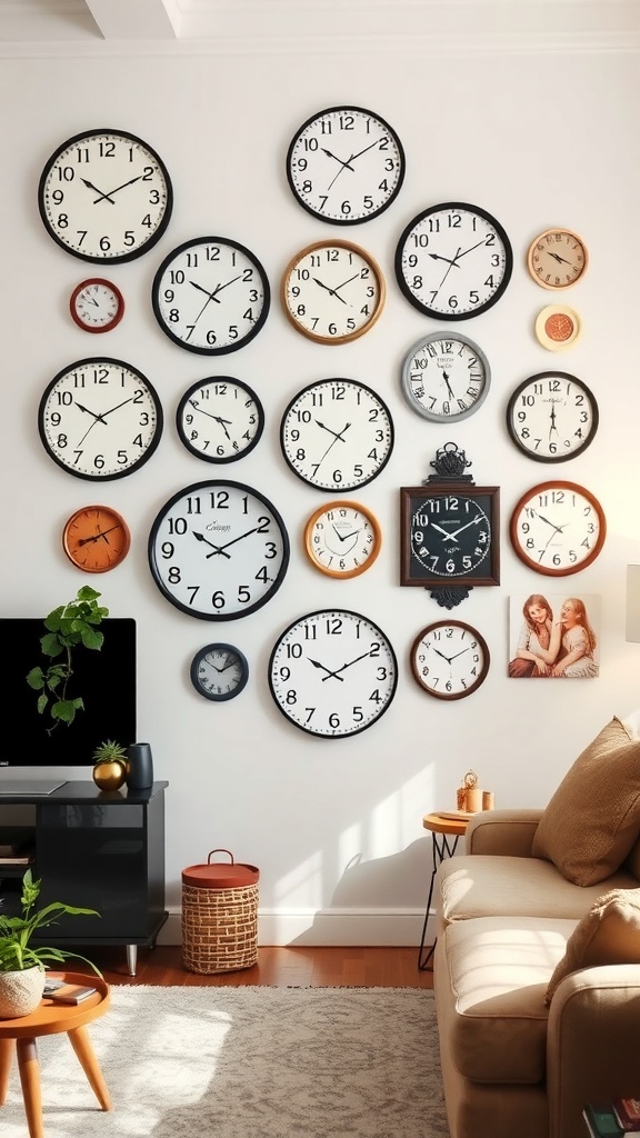 A stylish gallery wall featuring various wall clocks in different sizes and styles.