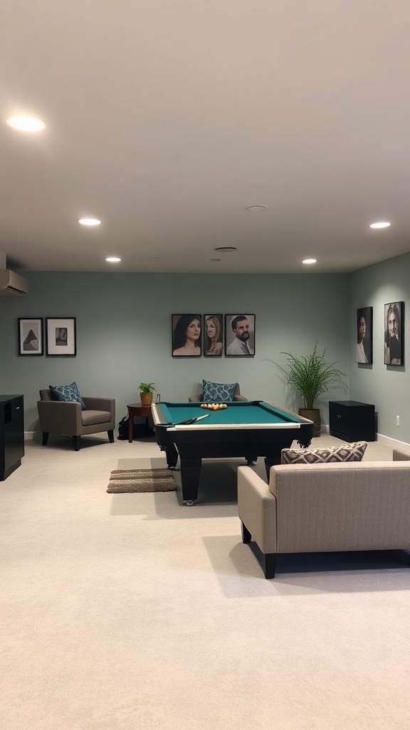 A cozy game room in a low-ceiling basement featuring a pool table, low-profile furniture, and wall art.