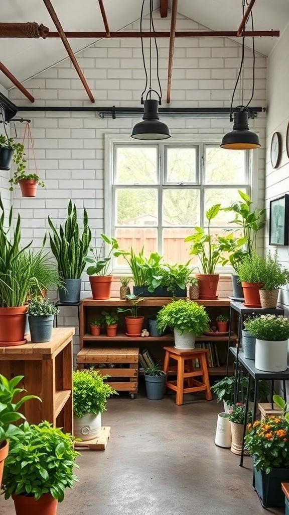 Indoor garden with various plants and rustic wooden shelves in an industrial farmhouse style.