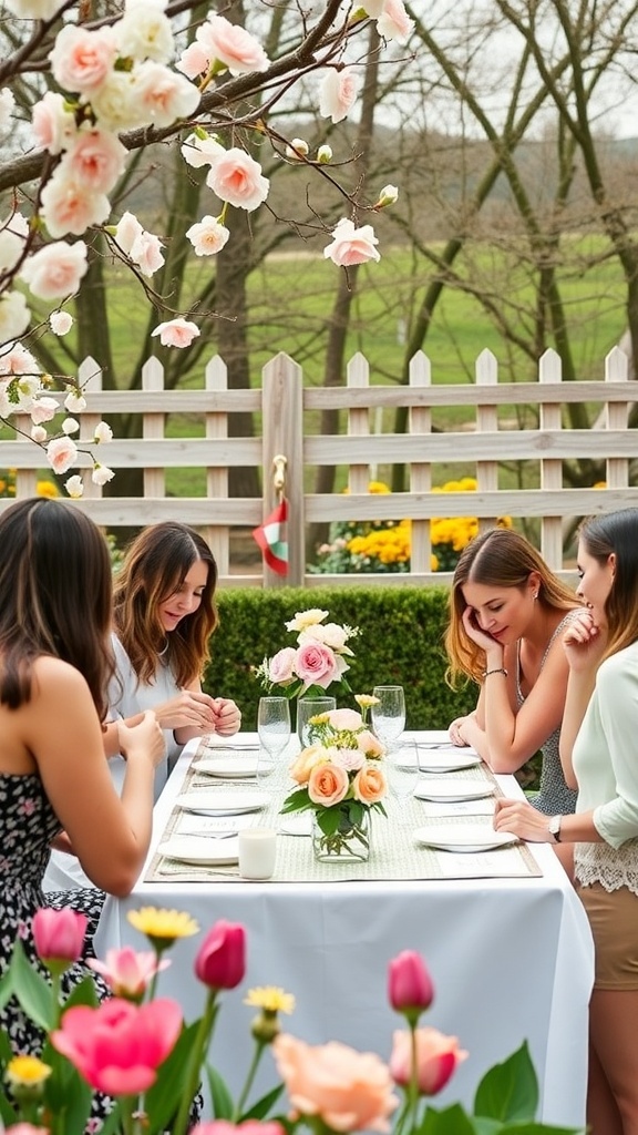 A group of friends enjoying a garden party with flowers and a beautifully set table.