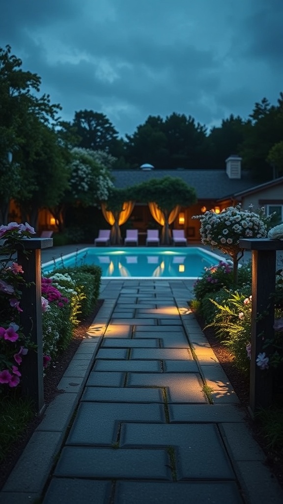 A garden pathway leading to a pool, surrounded by flowers and ambient lighting.