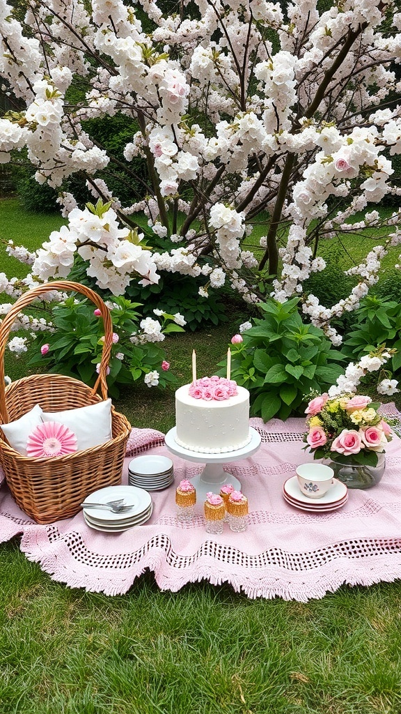 A picnic setup with a cake, cupcakes, and flowers under blooming trees.