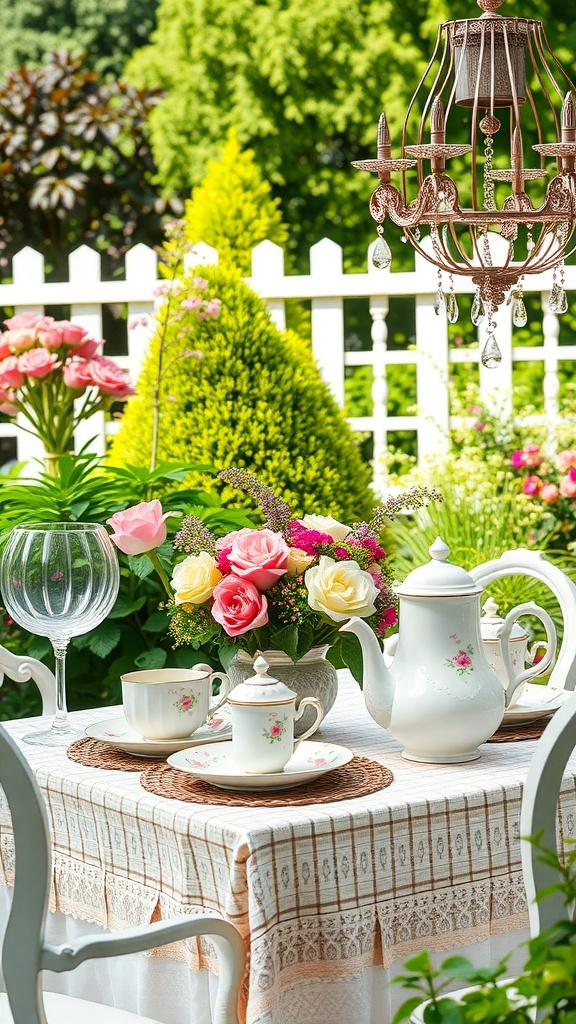 A beautifully set garden tea party table with floral arrangements, teapot, and delicate china.