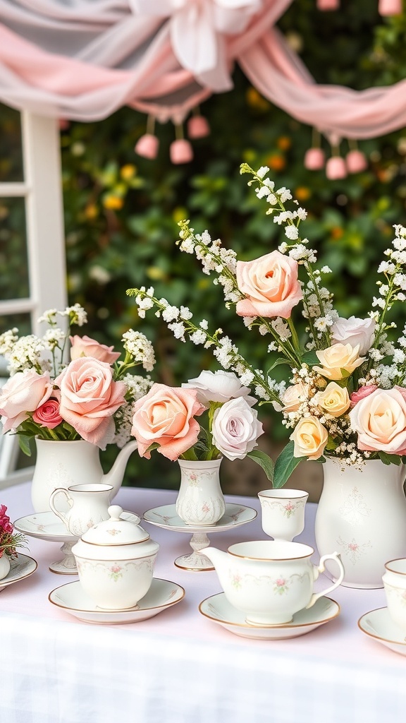A beautifully arranged garden tea party table with floral decorations and delicate china.