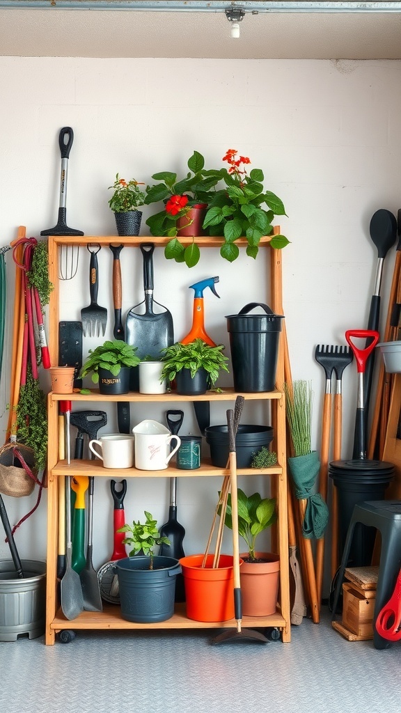 A wooden garden tool rack filled with various gardening tools and plants.