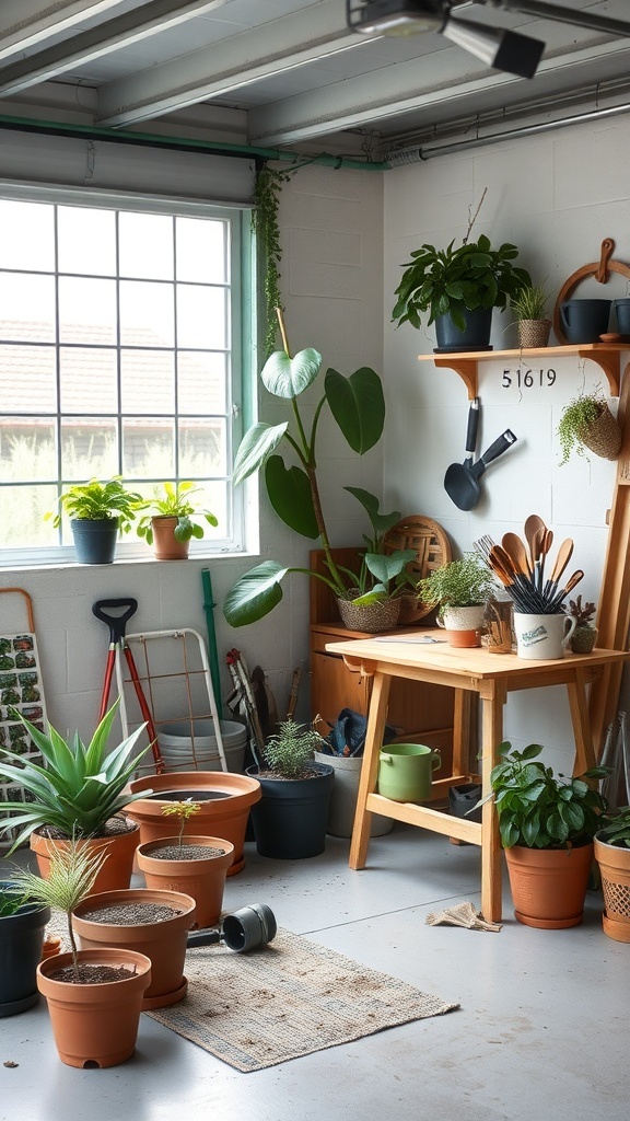 A garage gardening corner with various plants, pots, and gardening tools arranged neatly.