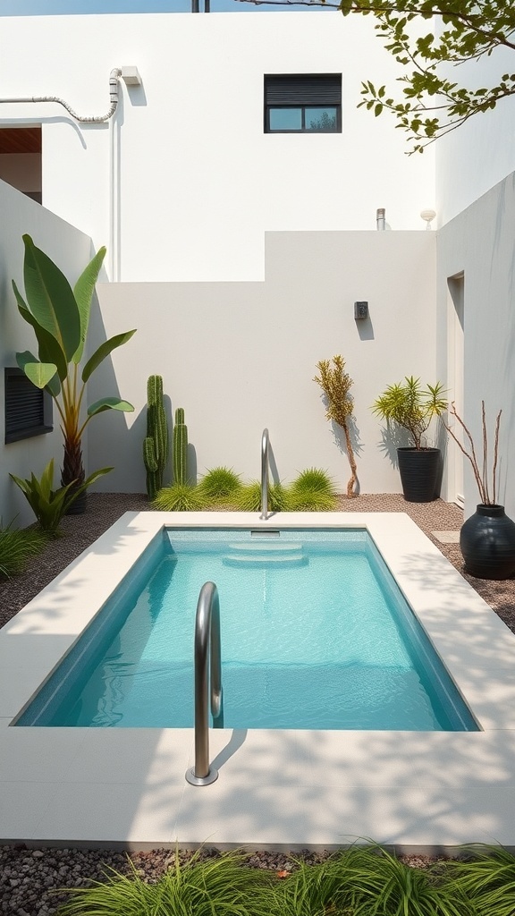 A small geometric pool surrounded by plants and a minimalist design.