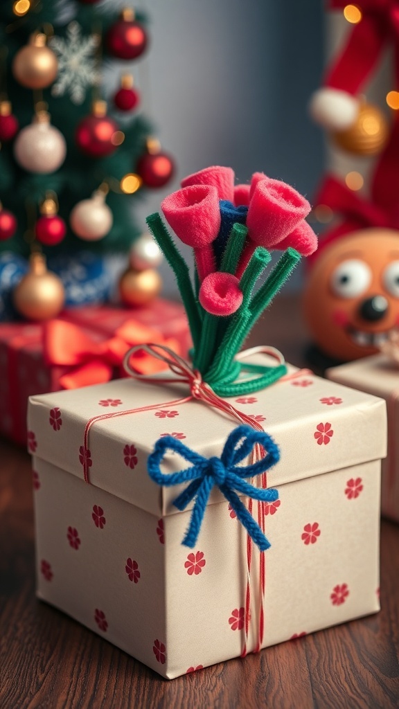 A gift box decorated with a colorful pipe cleaner bouquet on top, set against a festive background.